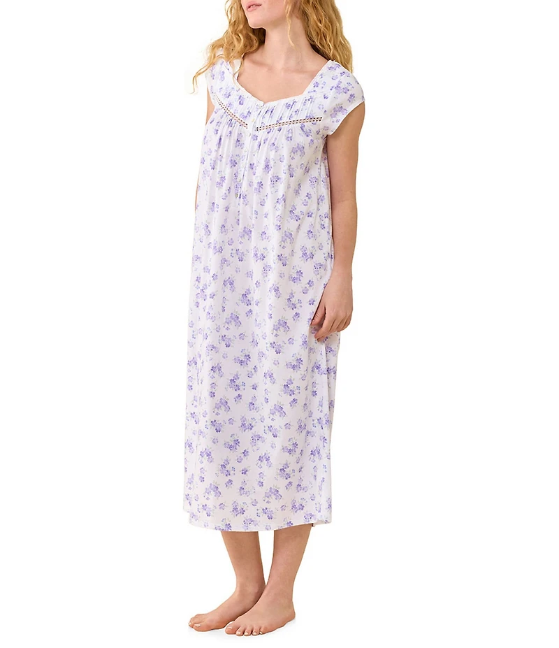 Eileen West Floral Print Cap Sleeve Sweetheart Neck Jersey Knit Cotton Long Nightgown