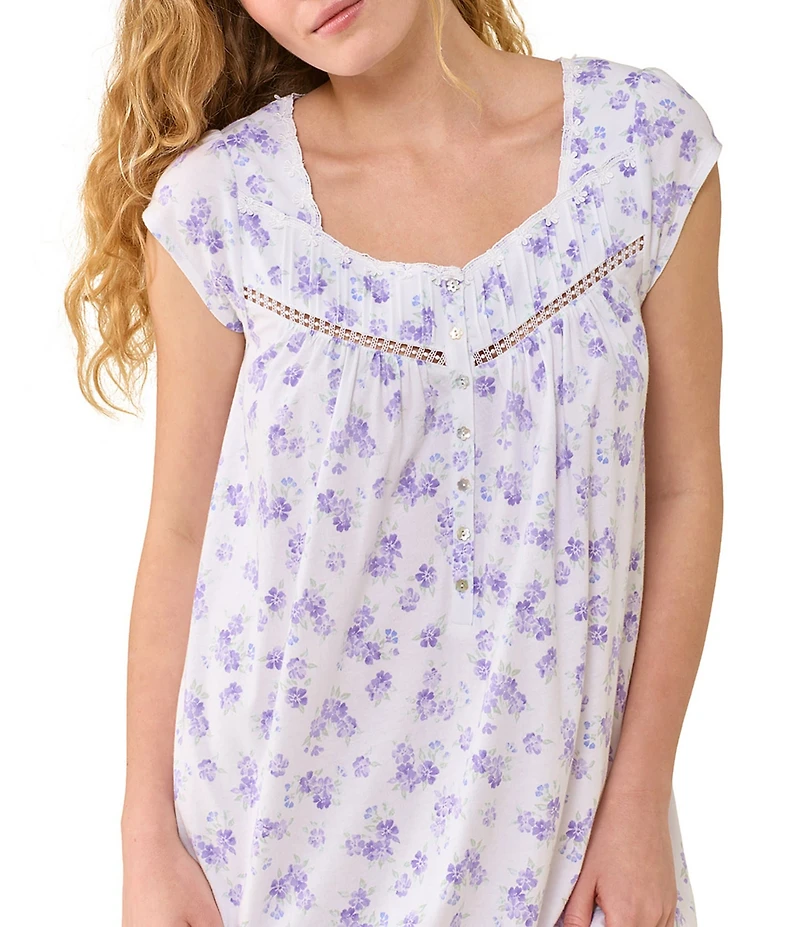 Eileen West Floral Print Cap Sleeve Sweetheart Neck Jersey Knit Cotton Long Nightgown