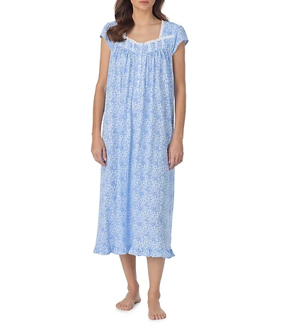 Eileen West Floral Print Cap Sleeve Sweetheart Neck Jersey Knit Long Nightgown