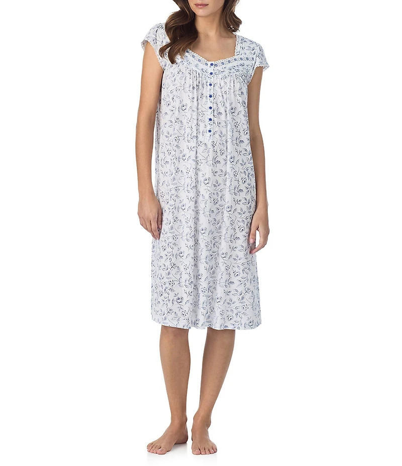 Eileen West Floral Print Cap Sleeve Sweetheart Neck Jersey Knit Waltz Nightgown