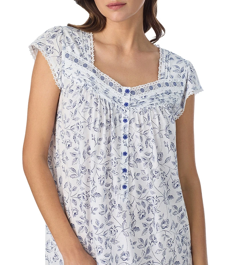 Eileen West Floral Print Cap Sleeve Sweetheart Neck Jersey Knit Waltz Nightgown