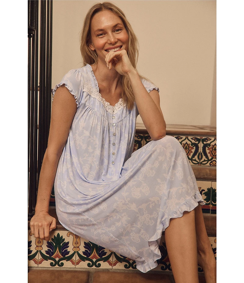 Eileen West Floral Print Cap Sleeve Sweetheart Neck Jersey Knit Waltz Nightgown