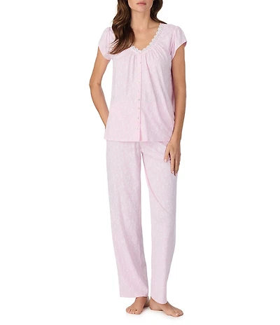 Eileen West Floral Print Cap Sleeve V-Neck Knit Long Pajama Set