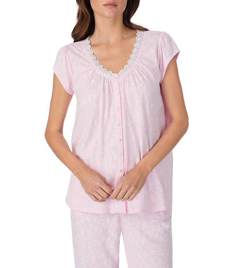 Eileen West Floral Print Cap Sleeve V-Neck Knit Long Pajama Set