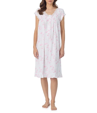 Eileen West Floral Print Cap Sleeve V-Neck Pointelle Waltz Nightgown