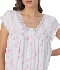 Eileen West Floral Print Cap Sleeve V-Neck Pointelle Waltz Nightgown