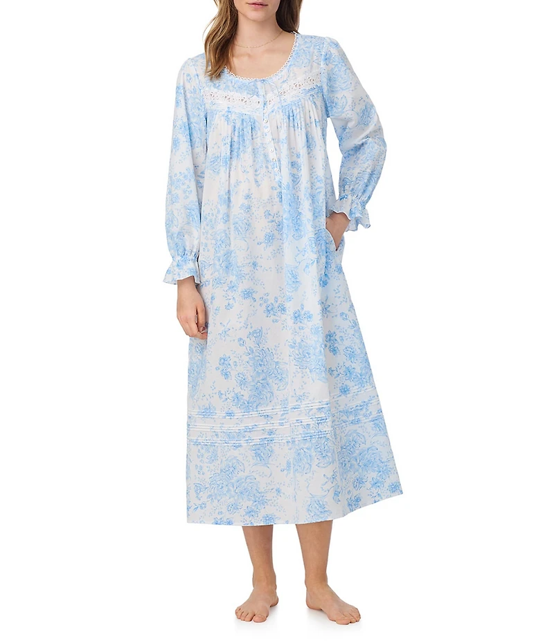 Eileen West Floral Print Long Sleeve Scoop Neck Woven Cotton Ballet Nightgown