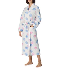 Eileen West Floral Print Long Sleeve Shawl Collar Quilted Knit Ballet Wrap Robe