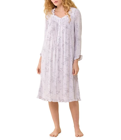 Eileen West Floral Print Long Sleeve Sweetheart Neck Jersey Knit Waltz Nightgown