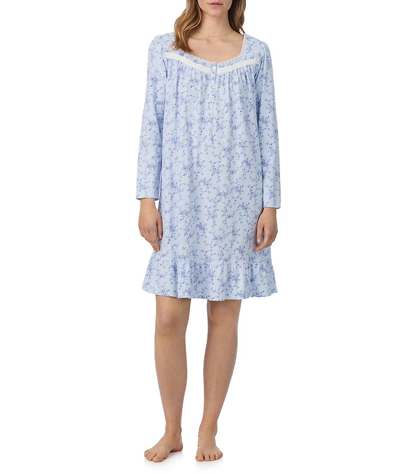 Eileen West Floral Print Long Sleeve Sweetheart Neck Peached Jersey Knit Short Nightgown