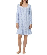 Eileen West Floral Print Long Sleeve Sweetheart Neck Peached Jersey Knit Short Nightgown