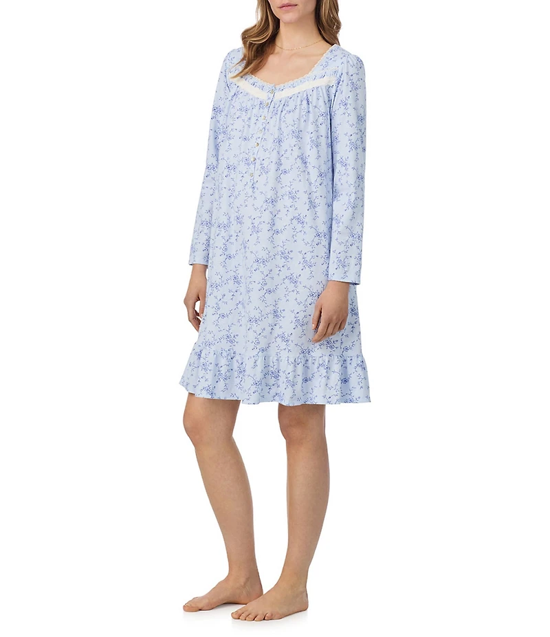 Eileen West Floral Print Long Sleeve Sweetheart Neck Peached Jersey Knit Short Nightgown