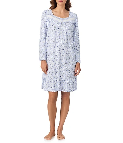 Eileen West Floral Print Long Sleeve Sweetheart Neck Peached Jersey Knit Short Nightgown