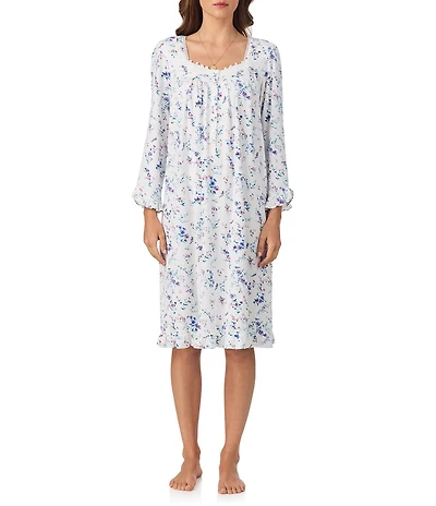 Eileen West Floral Print Long Sleeve Sweetheart Neck Pointelle Knit Nightgown