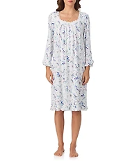 Eileen West Floral Print Long Sleeve Sweetheart Neck Pointelle Knit Nightgown