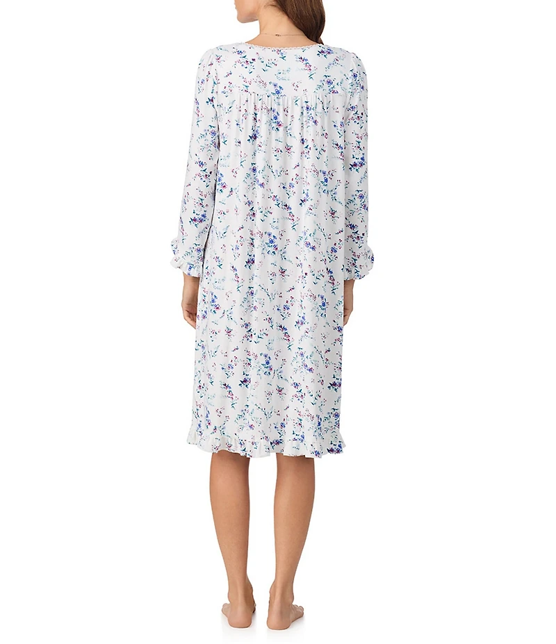 Eileen West Floral Print Long Sleeve Sweetheart Neck Pointelle Knit Nightgown