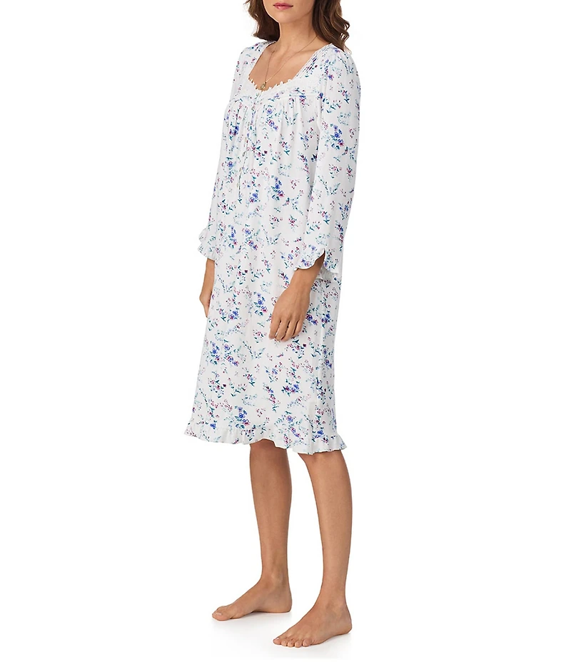 Eileen West Floral Print Long Sleeve Sweetheart Neck Pointelle Knit Nightgown