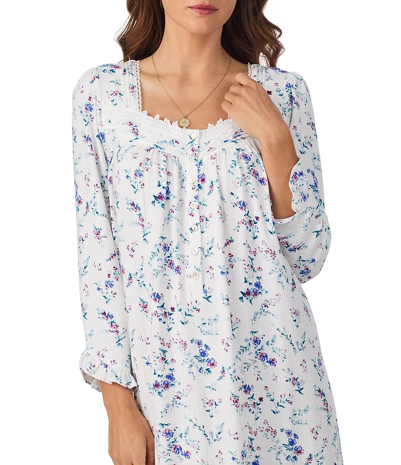 Eileen West Floral Print Long Sleeve Sweetheart Neck Pointelle Knit Nightgown