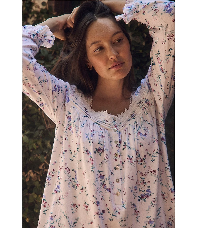 Eileen West Floral Print Long Sleeve Sweetheart Neck Pointelle Knit Nightgown