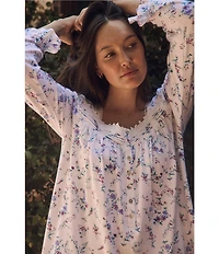 Eileen West Floral Print Long Sleeve Sweetheart Neck Pointelle Knit Nightgown