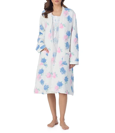 Eileen West Floral Print Long Sleeve V Neck Quilted Knit Waltz Long Zip Robe