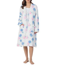Eileen West Floral Print Long Sleeve V Neck Quilted Knit Waltz Long Zip Robe