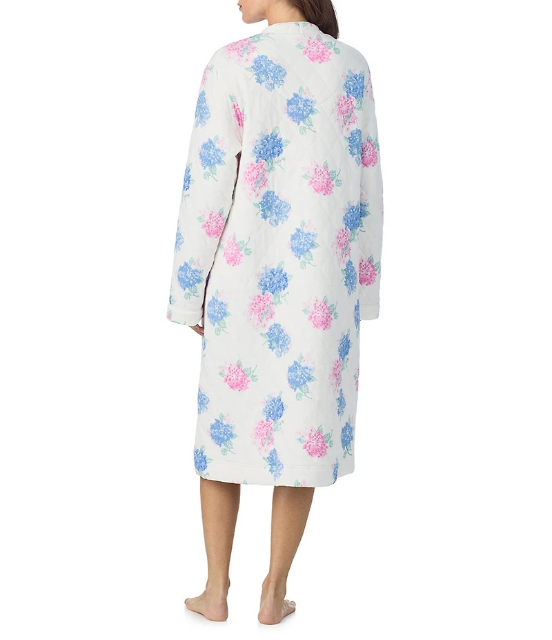 Eileen West Floral Print Long Sleeve V Neck Quilted Knit Waltz Long Zip Robe