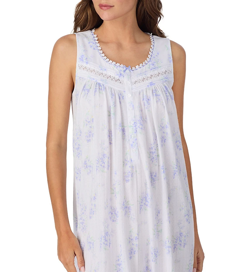 Eileen West Floral Print Sleeveless Round Neck Cotton Pointelle Knit Chemise