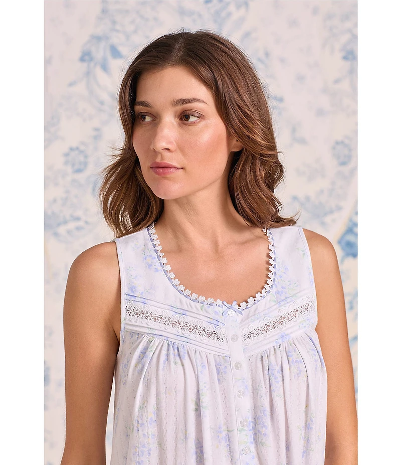 Eileen West Floral Print Sleeveless Round Neck Cotton Pointelle Knit Chemise