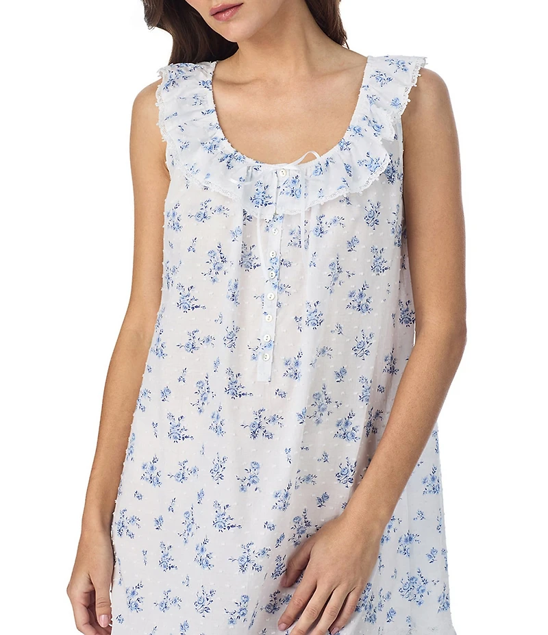 Eileen West Floral Print Sleeveless Ruffled Scoop Neck Woven Chemise