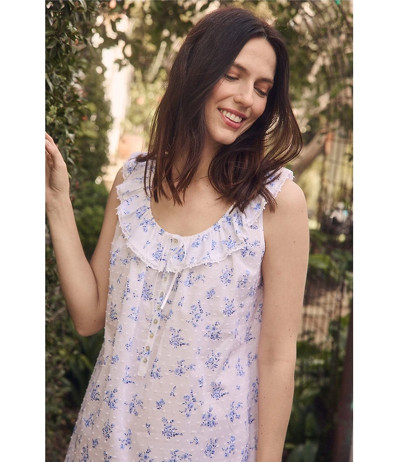 Eileen West Floral Print Sleeveless Ruffled Scoop Neck Woven Chemise