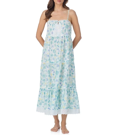 Eileen West Floral Print Sleeveless Squared Neck Woven Lawn Cotton Ballet Nightgown