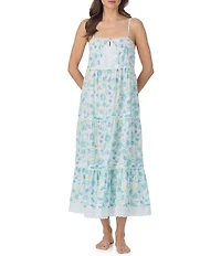 Eileen West Floral Print Sleeveless Squared Neck Woven Lawn Cotton Ballet Nightgown
