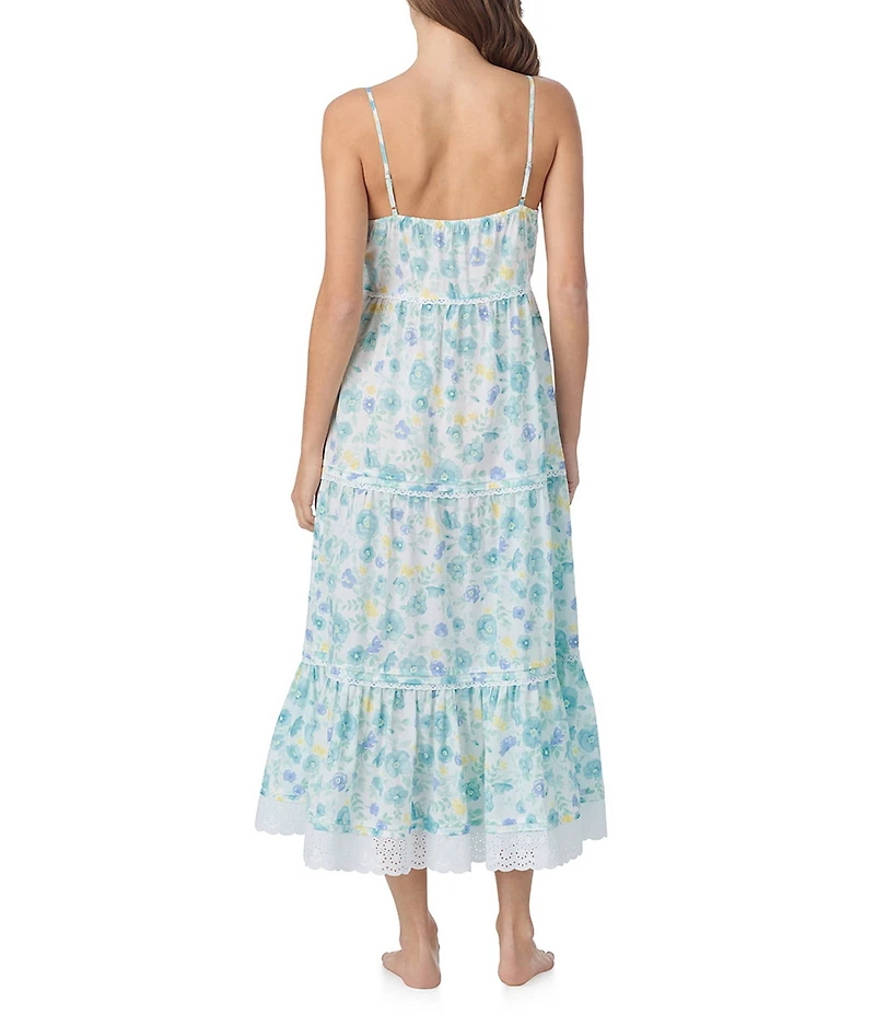 Eileen West Floral Print Sleeveless Squared Neck Woven Lawn Cotton Ballet Nightgown