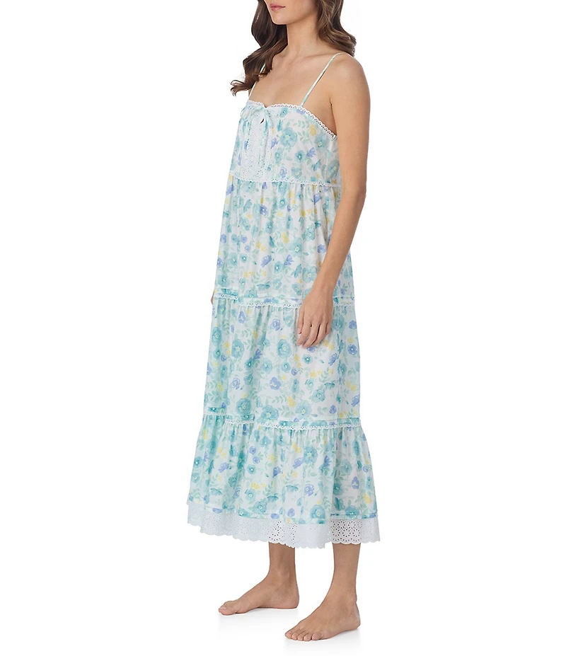 Eileen West Floral Print Sleeveless Squared Neck Woven Lawn Cotton Ballet Nightgown