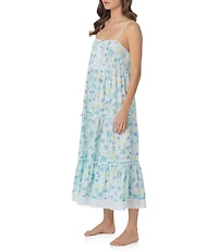 Eileen West Floral Print Sleeveless Squared Neck Woven Lawn Cotton Ballet Nightgown