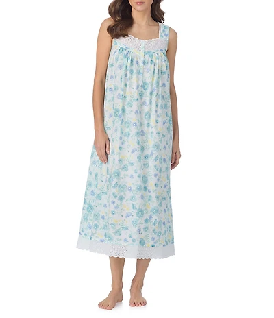 Eileen West Floral Print Sleeveless Sweetheart Neck Cotton Woven Lawn Ballet Nightgown