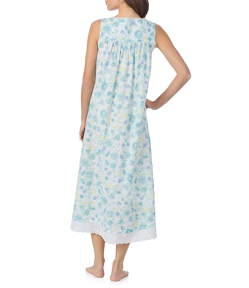 Eileen West Floral Print Sleeveless Sweetheart Neck Cotton Woven Lawn Ballet Nightgown
