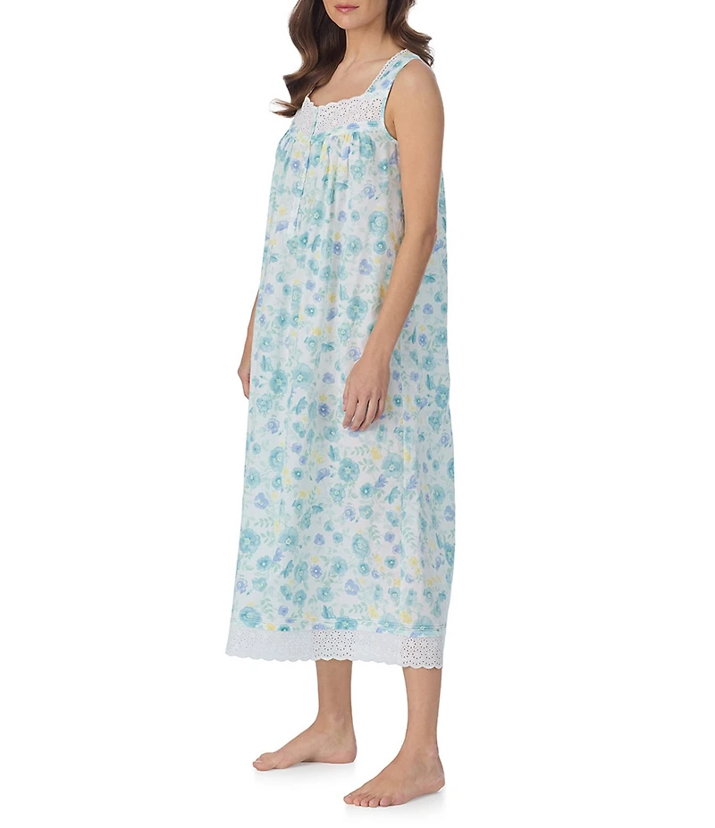 Eileen West Floral Print Sleeveless Sweetheart Neck Cotton Woven Lawn Ballet Nightgown