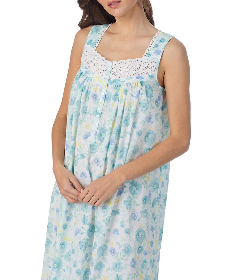 Eileen West Floral Print Sleeveless Sweetheart Neck Cotton Woven Lawn Ballet Nightgown