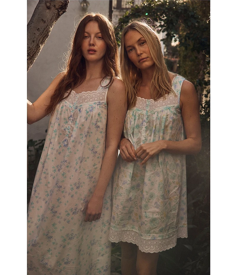 Eileen West Floral Print Sleeveless Sweetheart Neck Cotton Woven Lawn Ballet Nightgown