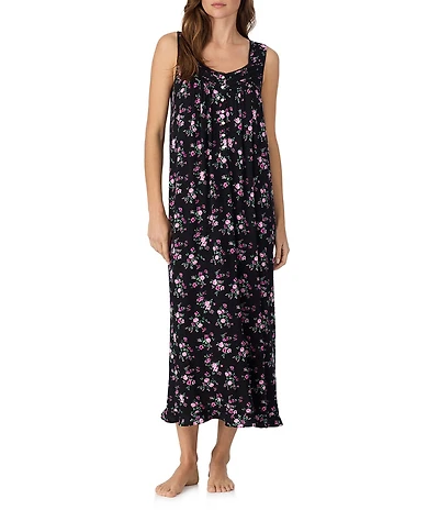 Eileen West Floral Print Sleeveless Sweetheart Neck Jersey Knit Ballet Nightgown