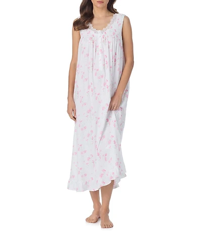 Eileen West Floral Print Sleeveless Sweetheart Neck Pointelle Ballet Nightgown
