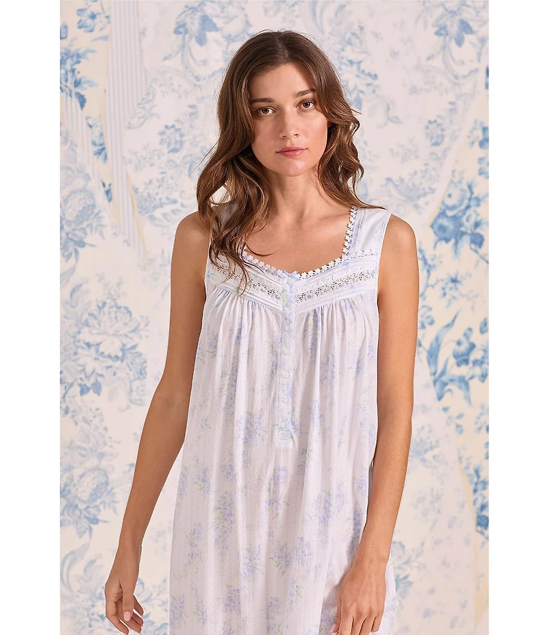 Eileen West Floral Print Sleeveless Sweetheart Neck Pointelle Knit Ballet Nightgown