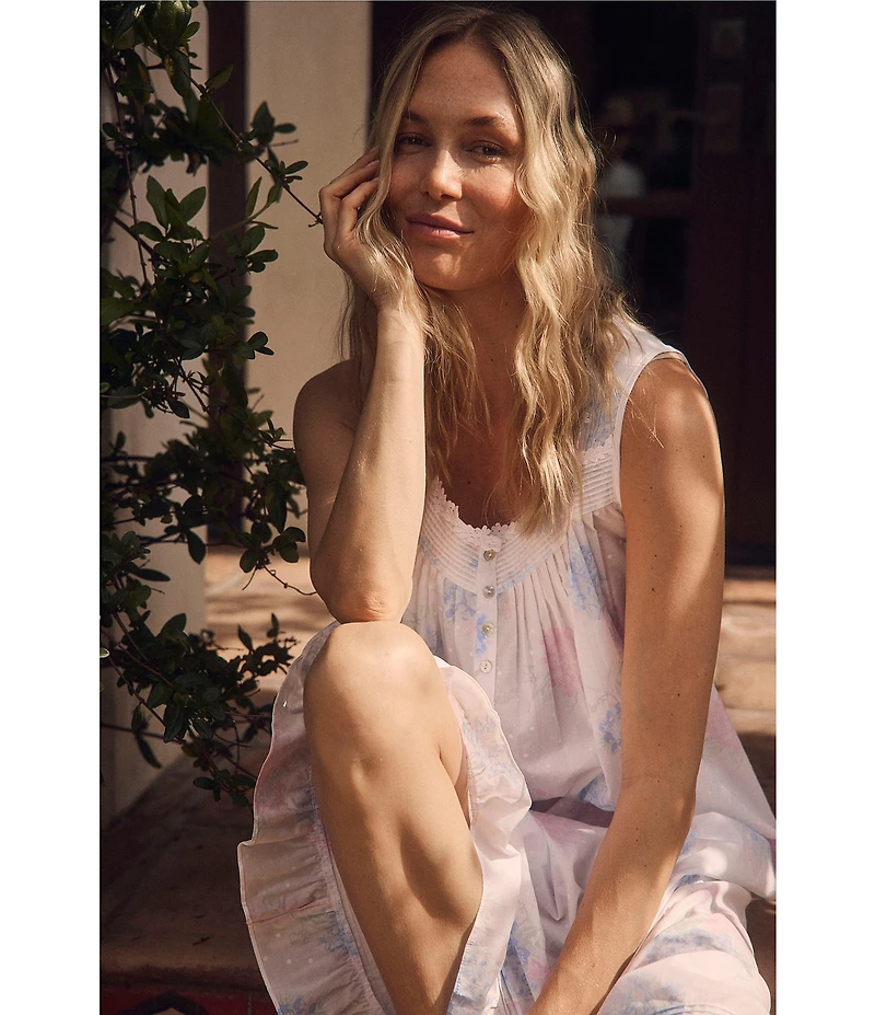 Eileen West Floral Print Sleeveless Sweetheart Neck Woven Lawn Ballet Nightgown
