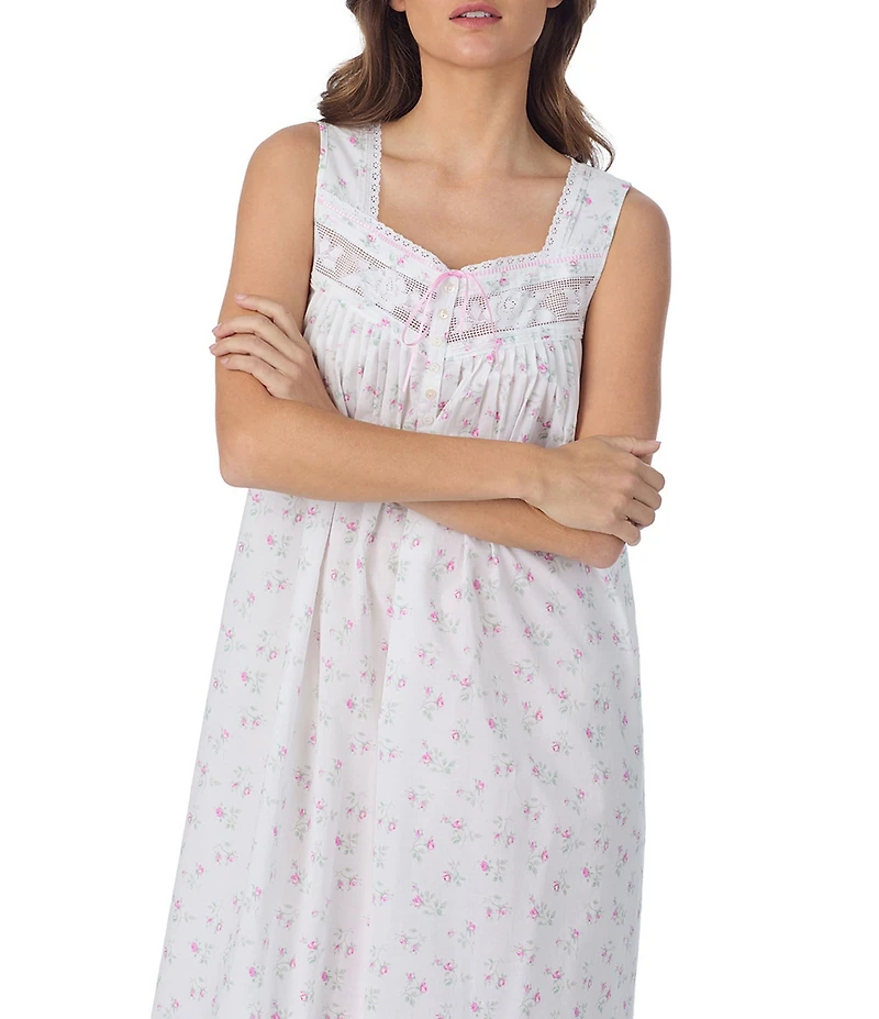 Eileen West Floral Print Sleeveless Sweetheart Neck Woven Lawn Ballet Nightgown