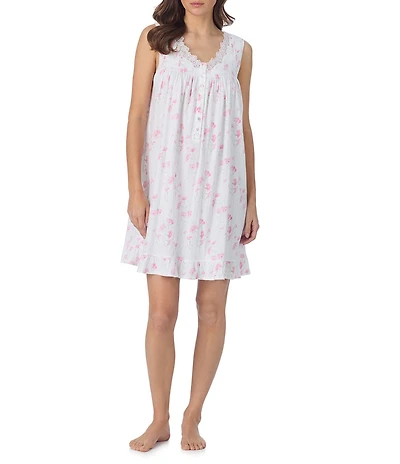 Eileen West Floral Print Sleeveless V-Neck Pointelle Short Chemise