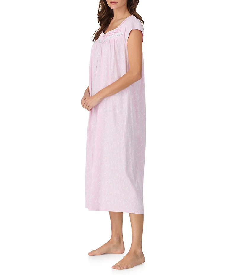 Eileen West Jersey Knit Cap Sleeve Sweetheart Neck Floral Print Long Nightgown