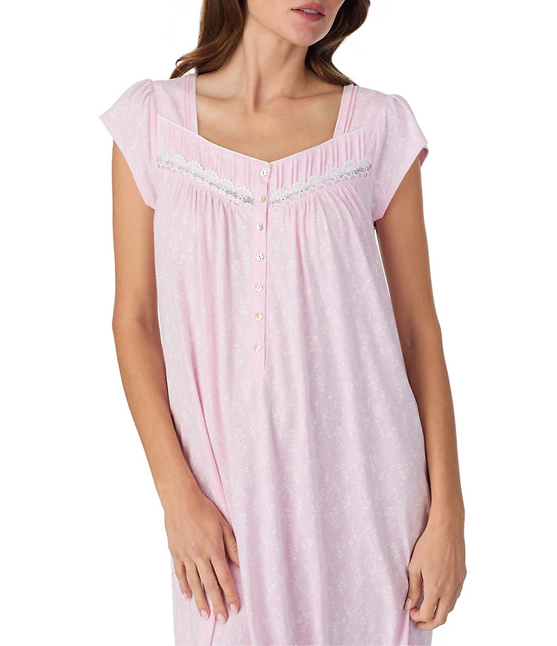Eileen West Jersey Knit Cap Sleeve Sweetheart Neck Floral Print Long Nightgown