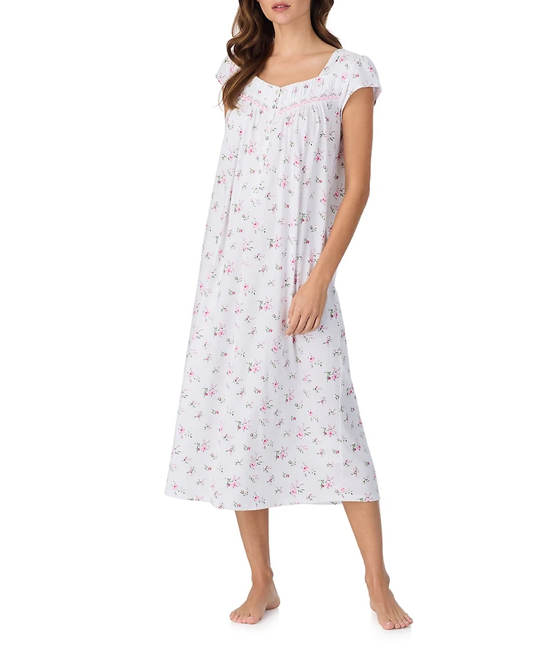 Eileen West Jersey Knit Cap Sleeve Sweetheart Neck Floral Print Long Nightgown